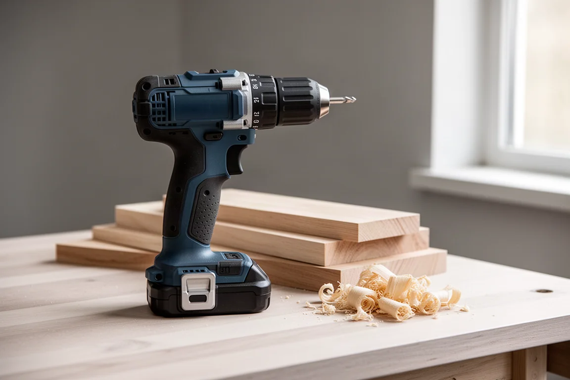 Perceuse-visseuse sans fil à côté de chutes de bois sur un plan de travail propre