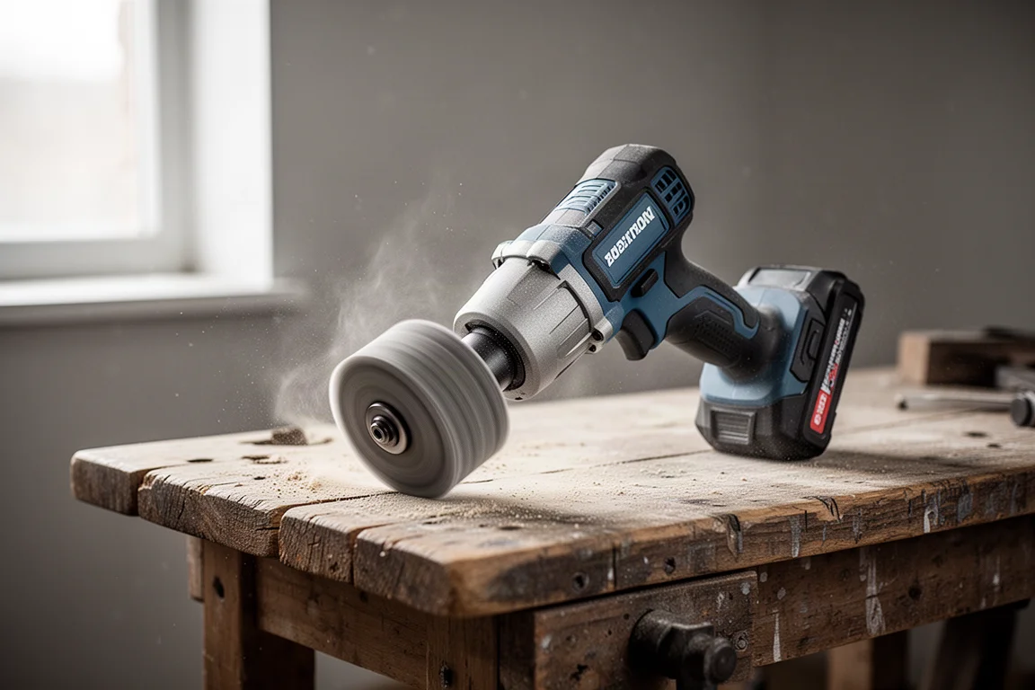 Cordless surface conditioning tool on a workshop bench surrounded by dust