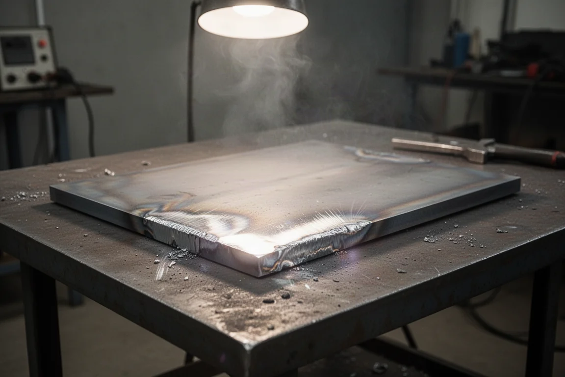 Metal fabricator grinding a steel plate in preparation for welding