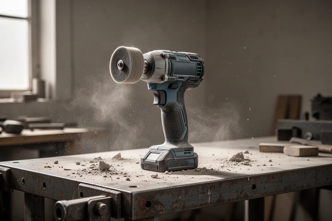Cordless surface conditioning tool on a dusty workshop bench