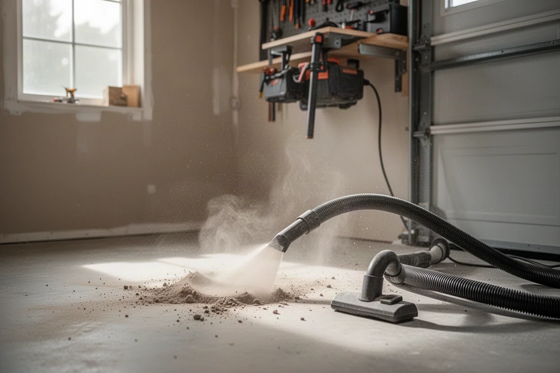 Workshop bench with a shop vacuum hose cleaning up drywall dust near a wall