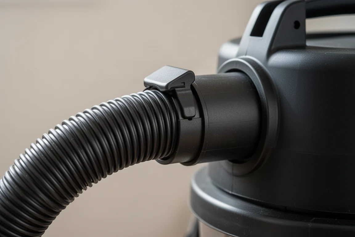Close-up of a shop vacuum hose locking clip attached to the vacuum inlet