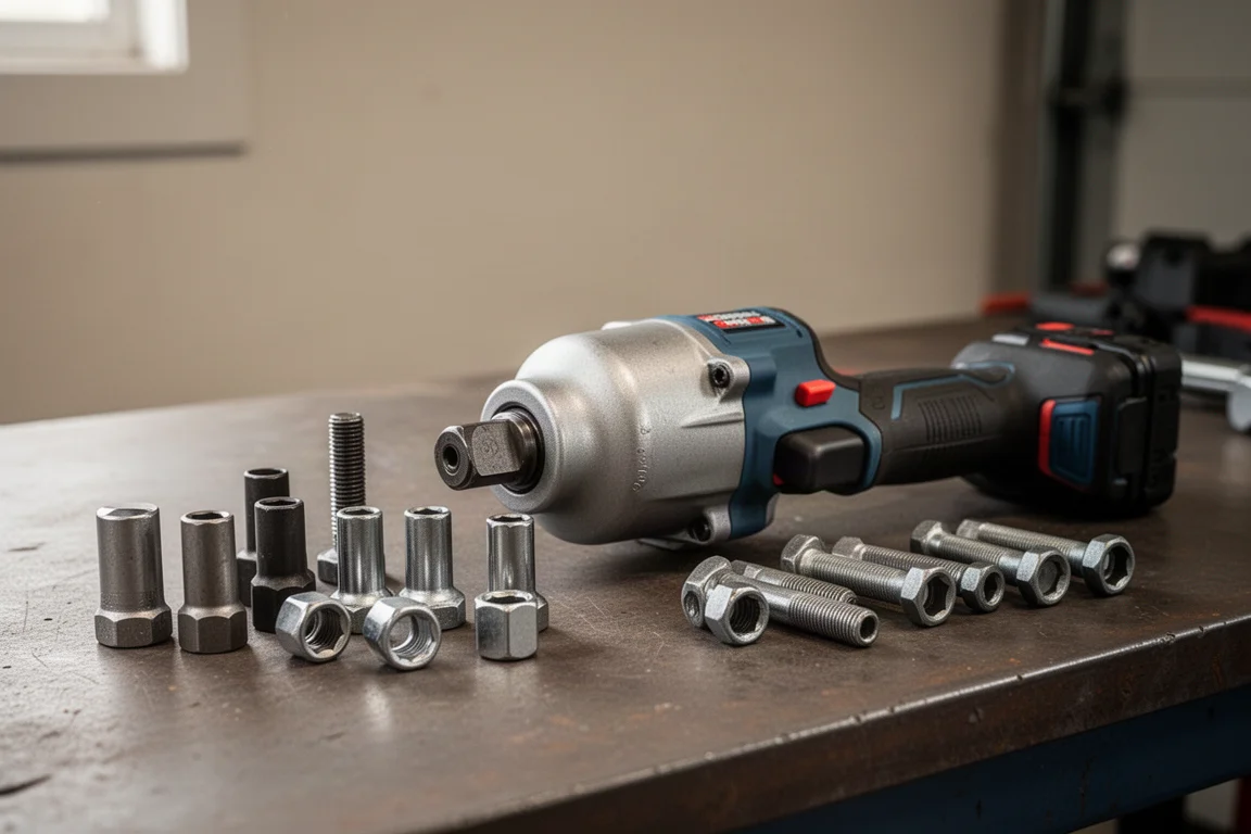 Impact wrench with a socket fitted on the anvil resting near a lifted vehicle suspension