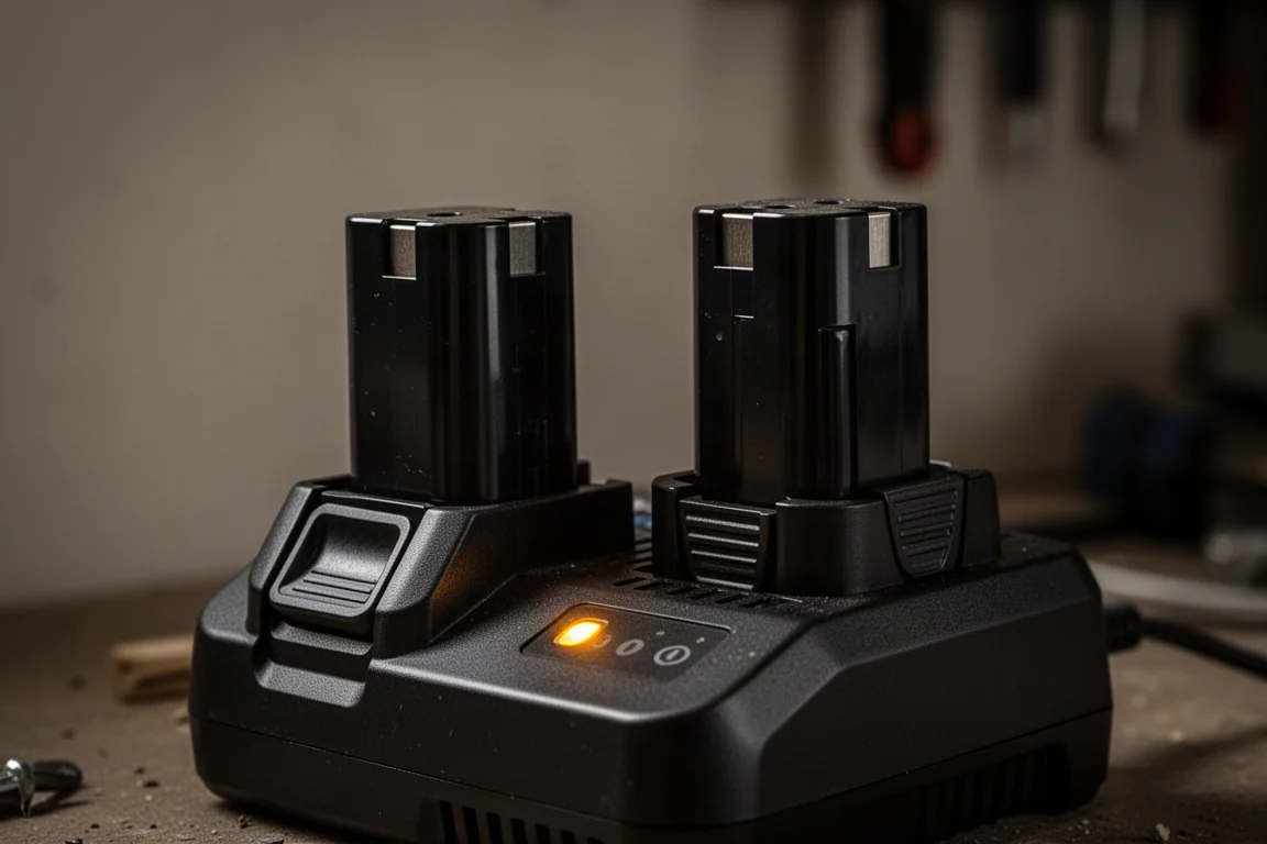 Two cordless tool batteries resting on a charger in a dim workshop