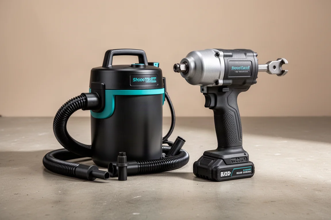 Hercules shop vacuum and high torque impact wrench side by side on concrete floor