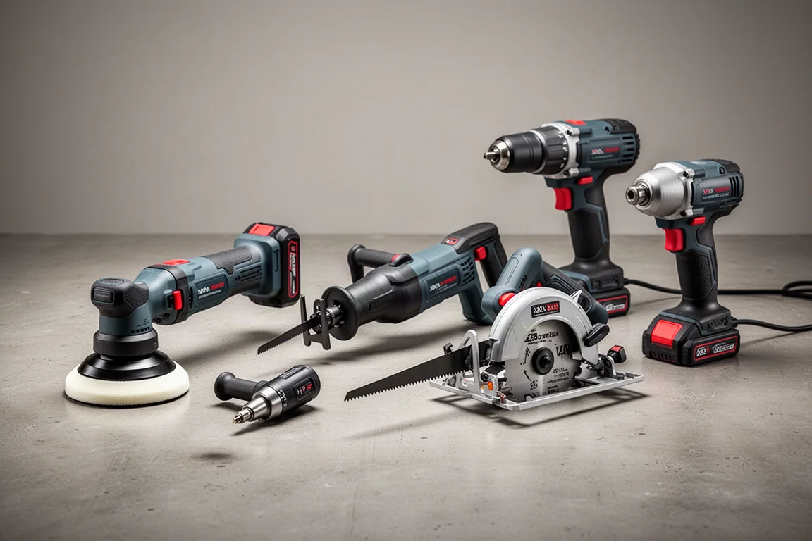 Collection of Hercules 20V cordless power tools arranged on a concrete workshop floor
