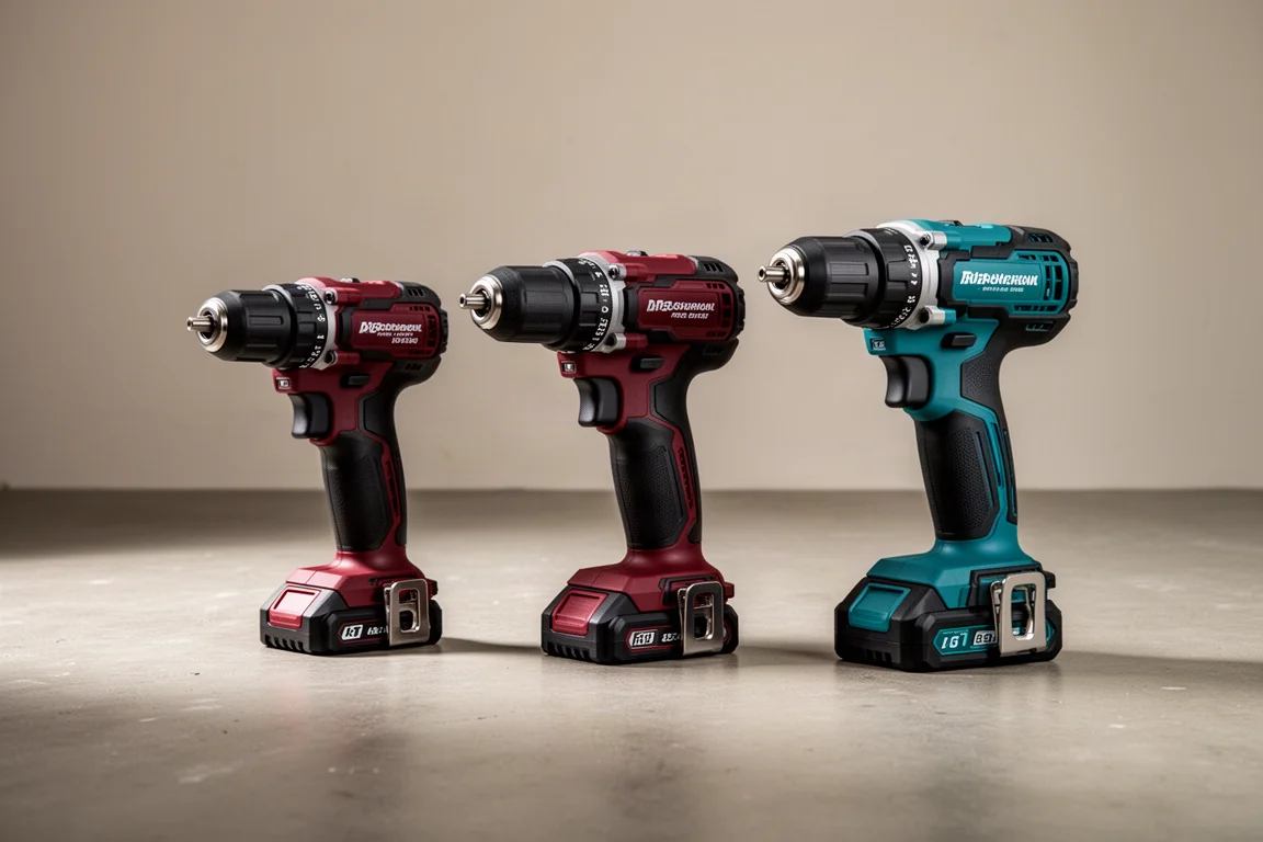 Three cordless hammer drills lined up on a concrete workshop floor