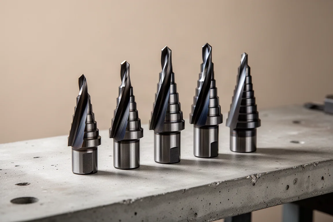 Five cobalt steel step drill bits arranged in size order on a concrete surface