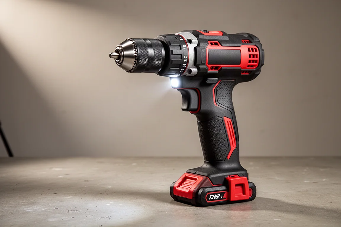Cordless Hercules hammer drill standing on a concrete workshop surface