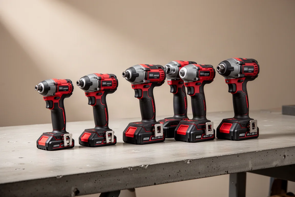 Seven cordless impact drivers lined up on a concrete workshop bench