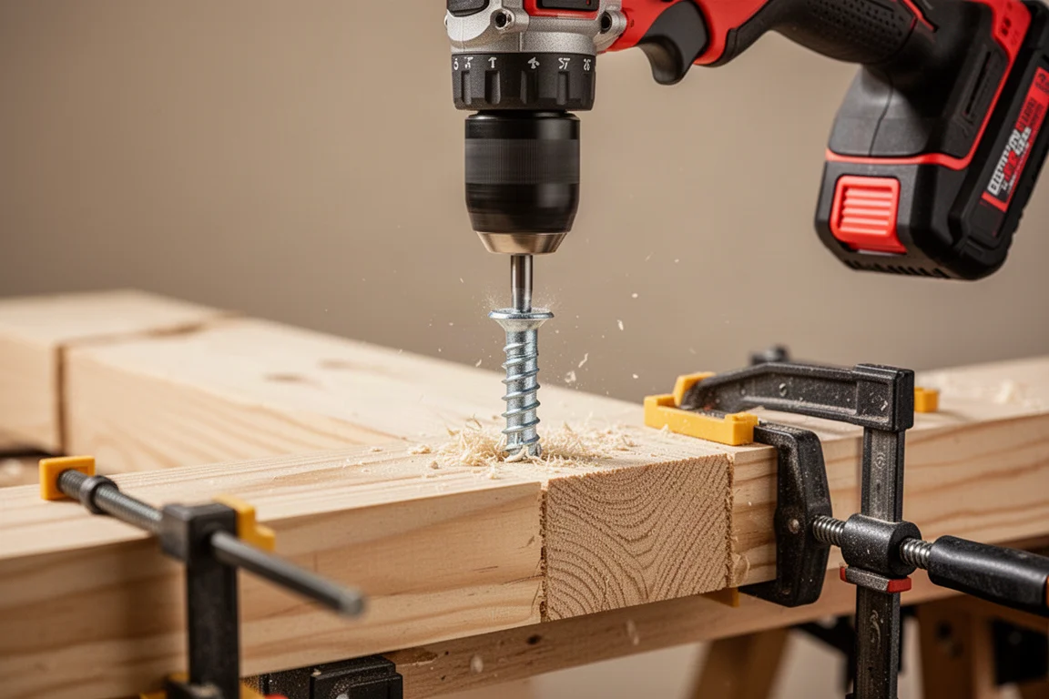 Trapano a percussione a batteria che avvita un tassello strutturale in legname dimensionale