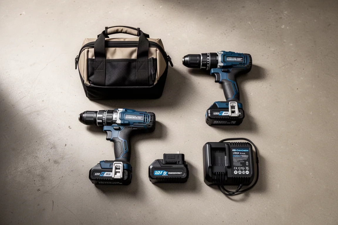 Kit trapano completo disposto con batteria, caricabatterie rapido e borsa portautensili