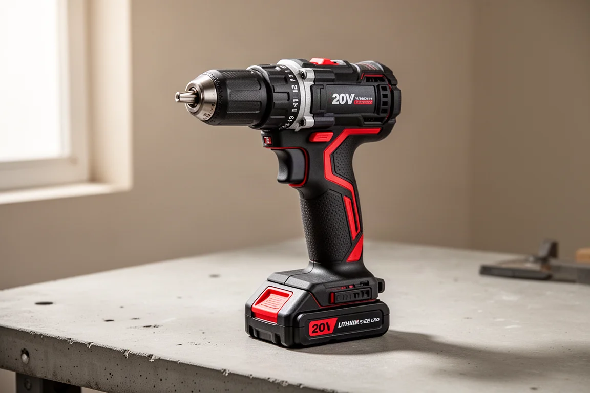 Hercules 20V brushless hammer drill standing on a concrete workbench
