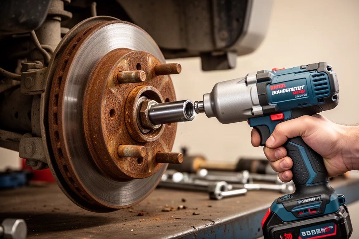 Half-inch impact wrench loosening a rusted truck lug nut on a workshop bench