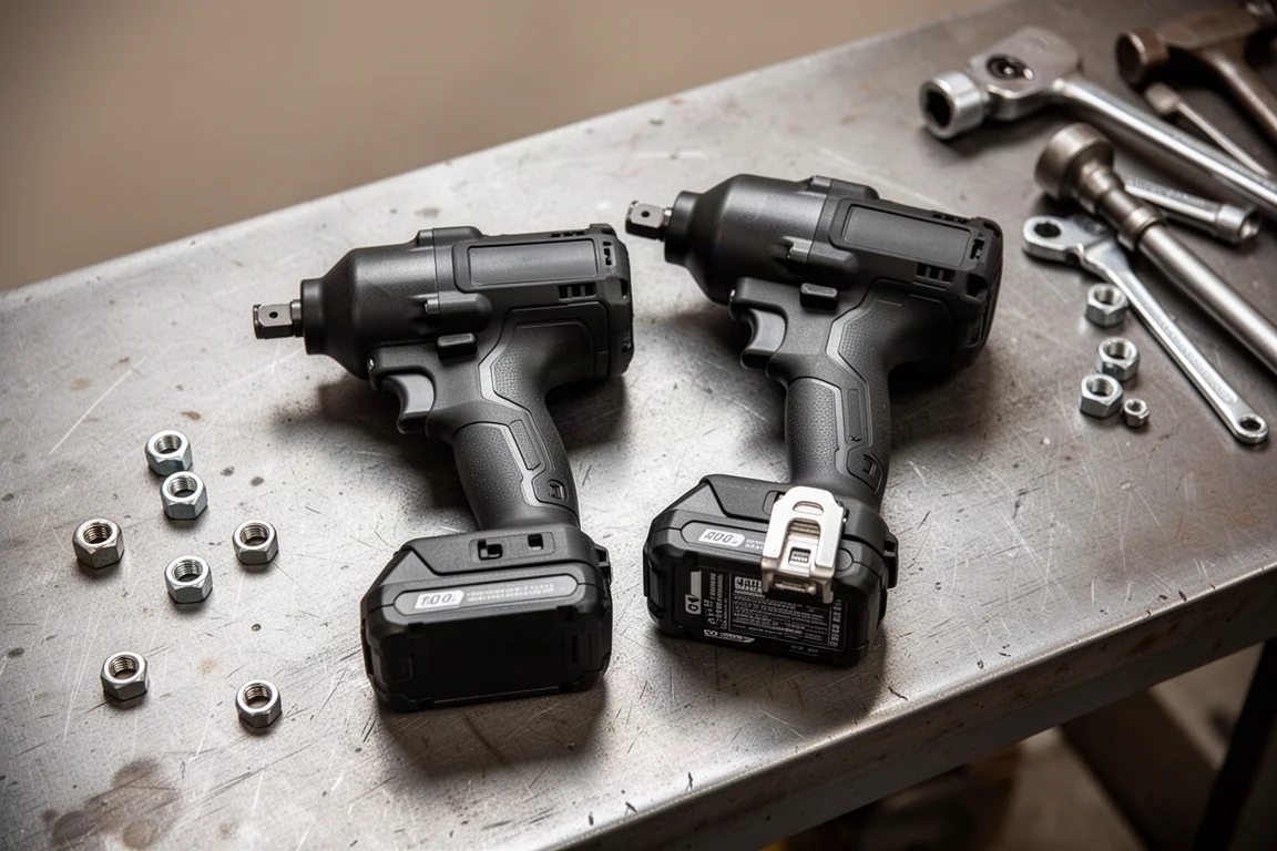 Two brushless impact wrenches side by side on a workbench under shop lighting