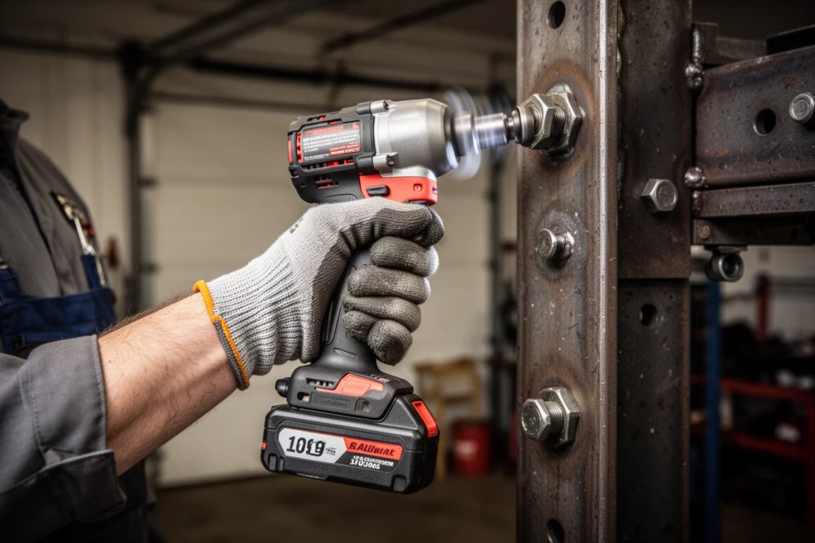 Impact wrench held by a mechanic during a long fastening run in a garage