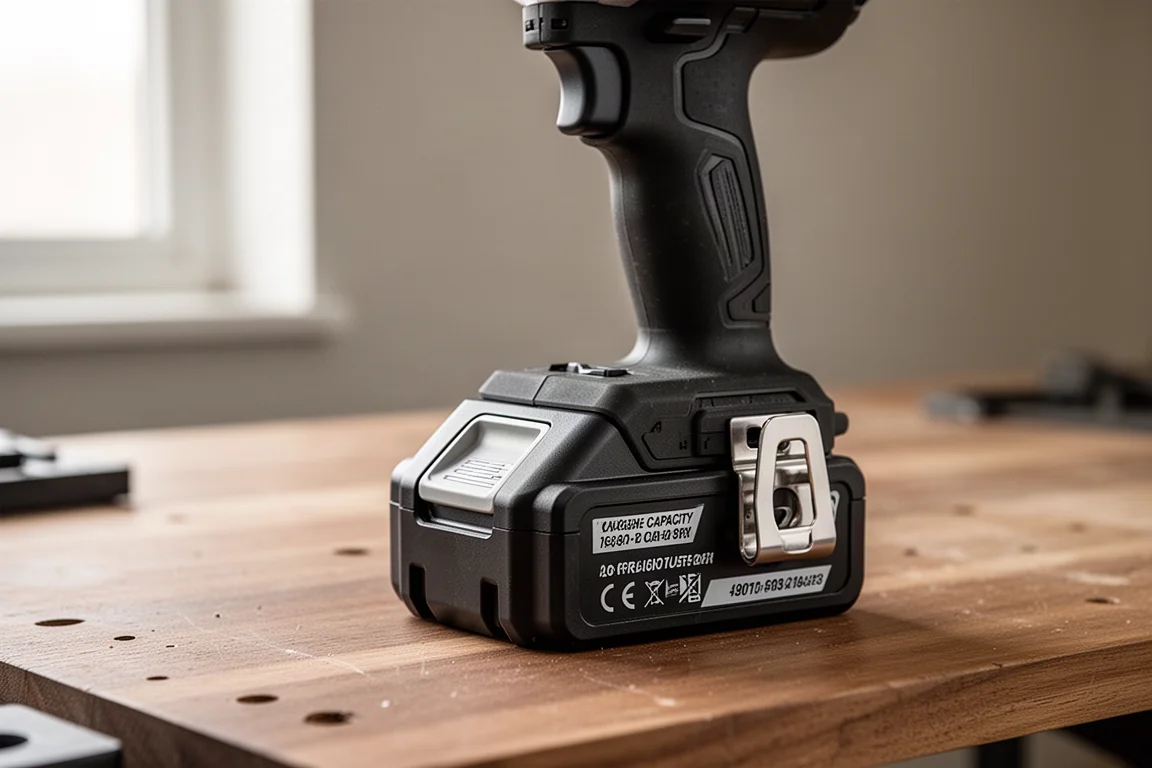 Large 12 amp hour battery pack attached to an impact wrench on a wooden bench