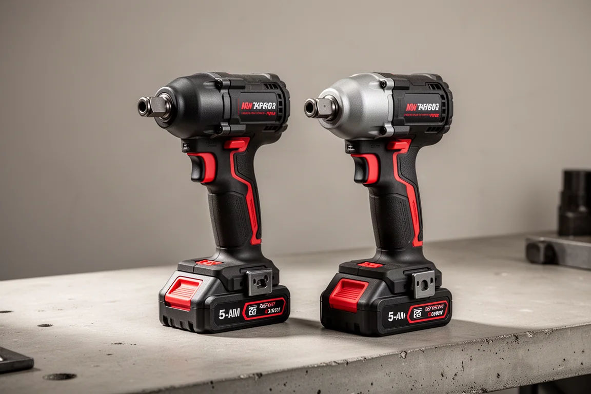 Two cordless half-inch impact wrenches standing on a concrete workbench
