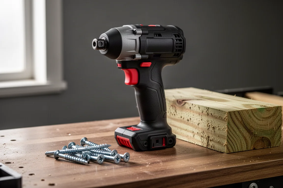 Cordless impact driver on a workbench with lag screws and treated lumber