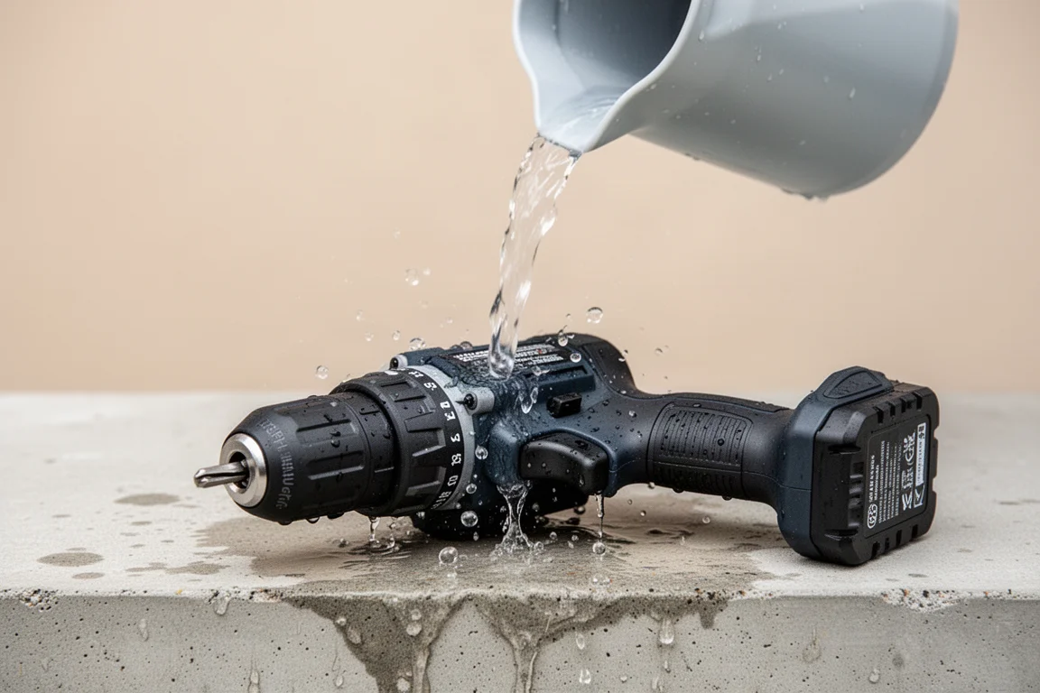 De l'eau versée sur un outil électrique pour tester sa résistance à l'humidité