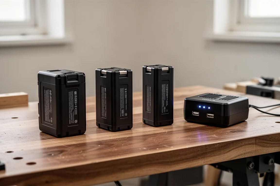 Batteries lithium alignées sur un établi d'atelier avec un chargeur