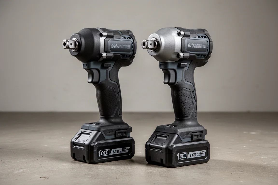 Two Hercules cordless impact wrenches with battery packs on a concrete workshop floor