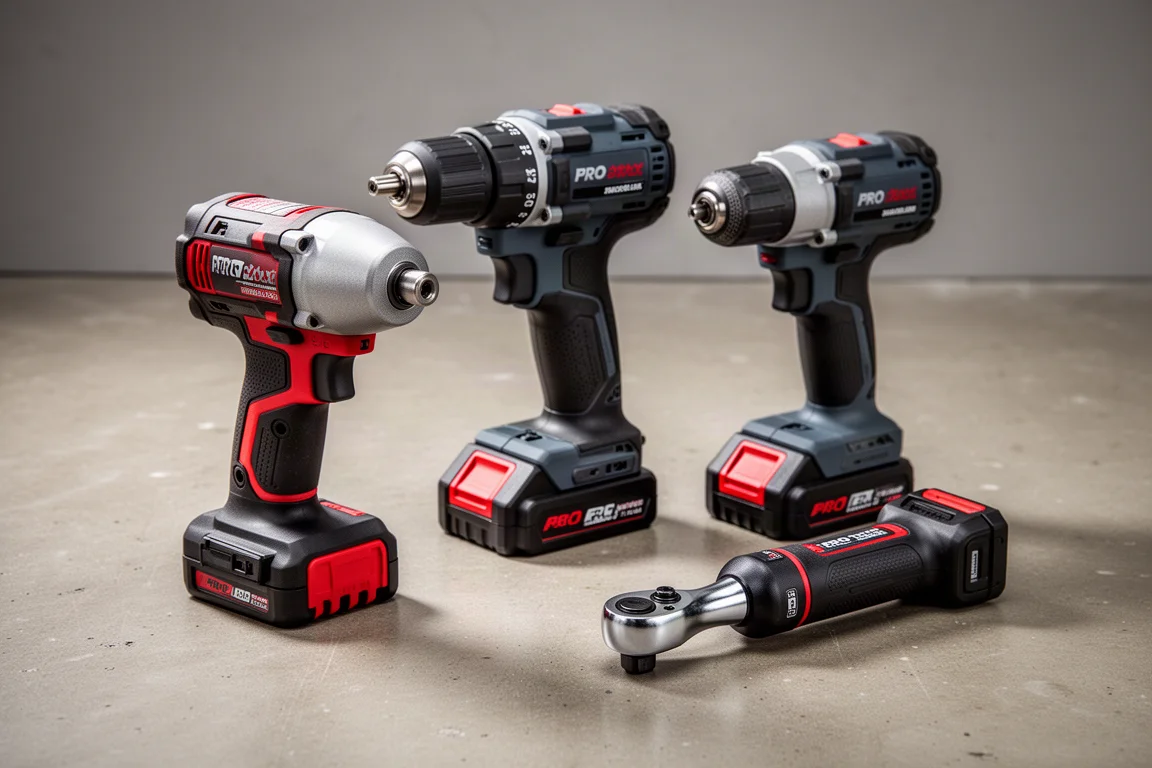 Assortment of Hercules cordless power tools on a concrete workshop floor