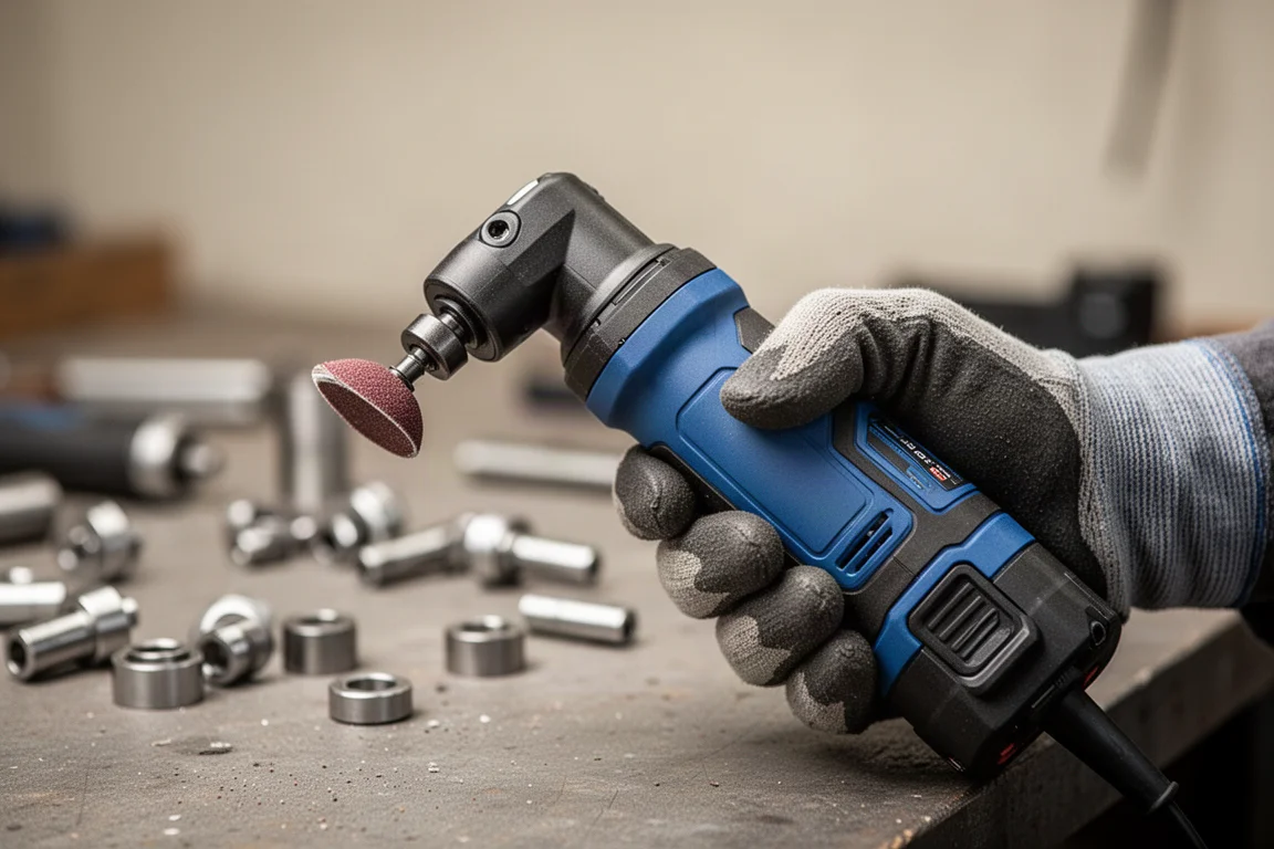 在工作室環境中手持無線直角模具研磨機的特寫