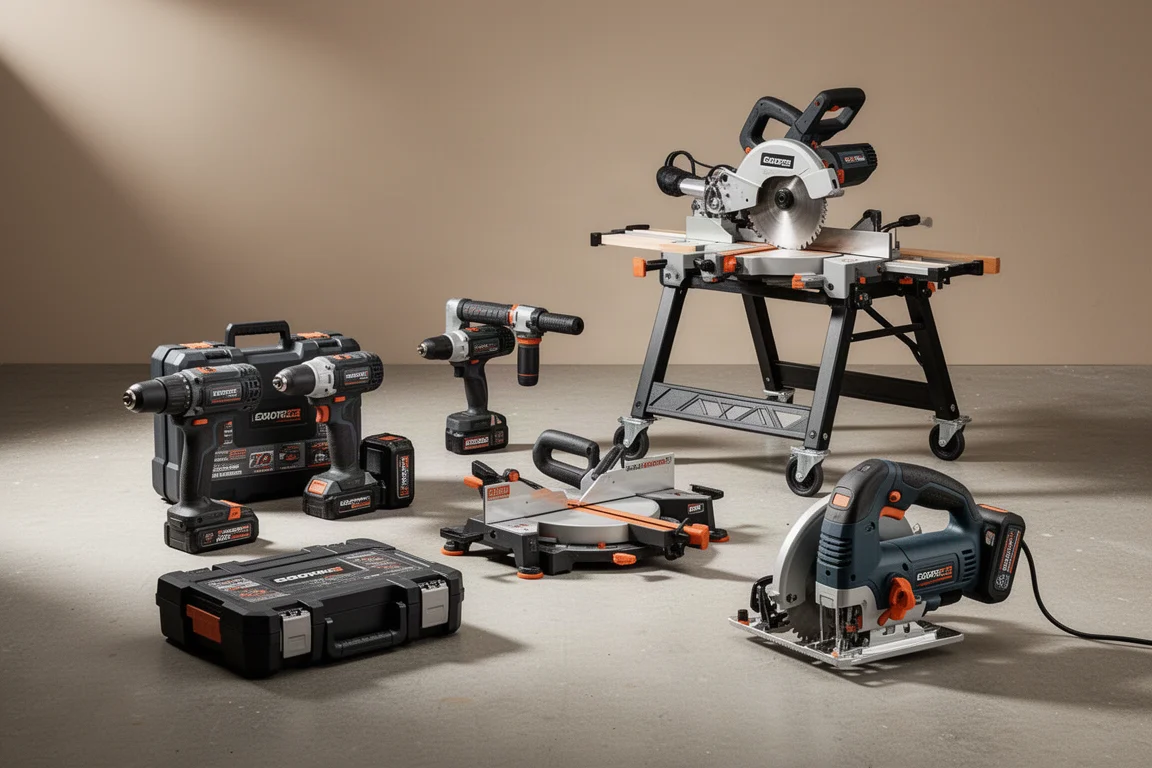 Assortment of Hercules power tools including a miter saw, drill kit, and circular saw on a workshop floor