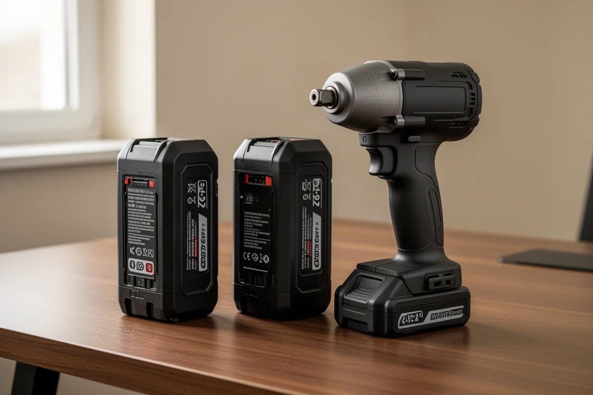 Due battery pack ad alta capacità in piedi accanto a una chiave ad impulso
