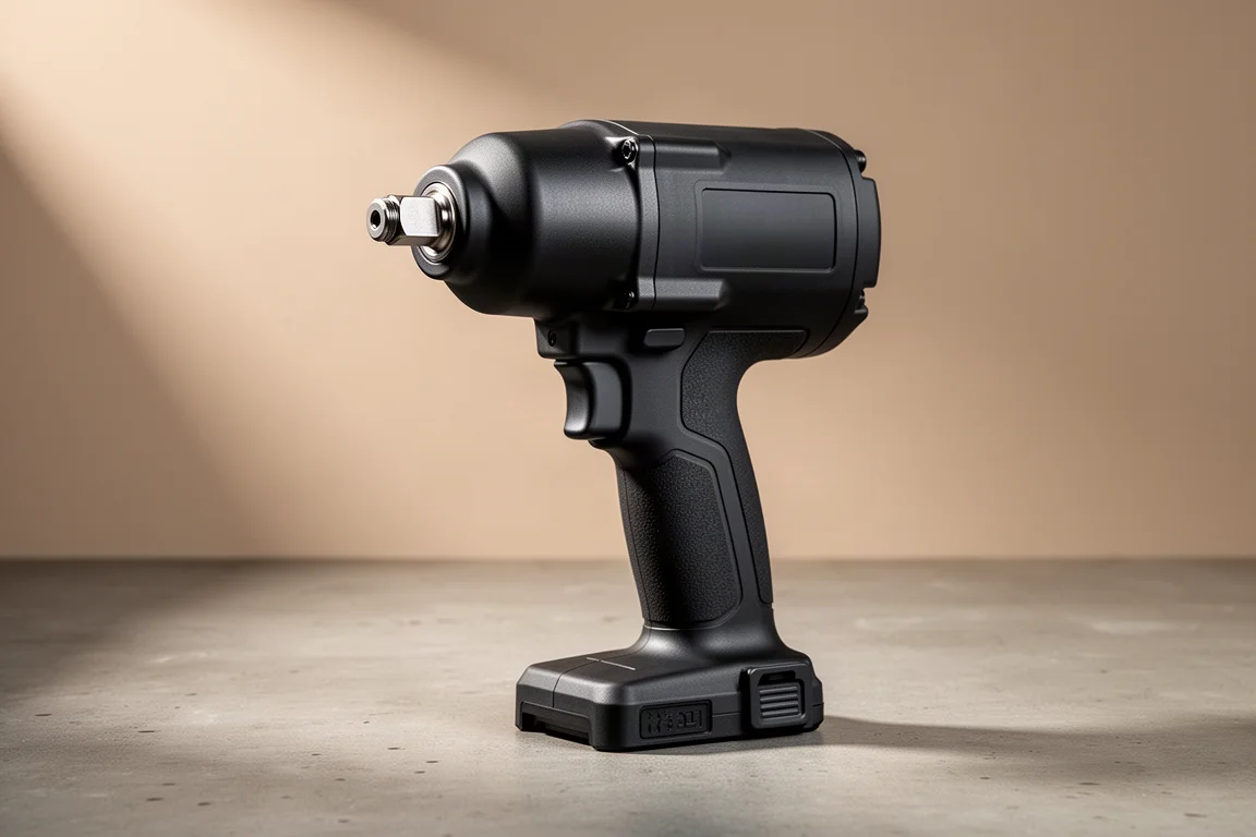 Matte black cordless high-torque impact wrench standing on concrete surface