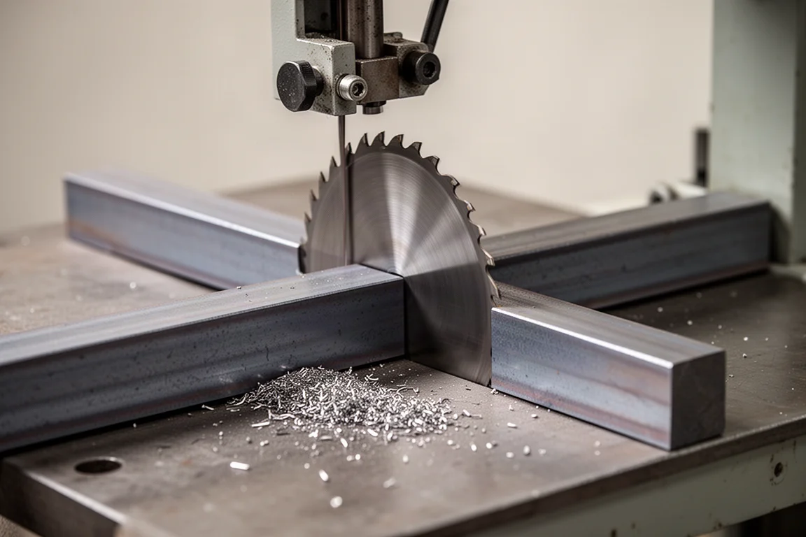 Metalen profiel wordt gezaagd op een horizontale bandzaag met schone spanen op de tafel