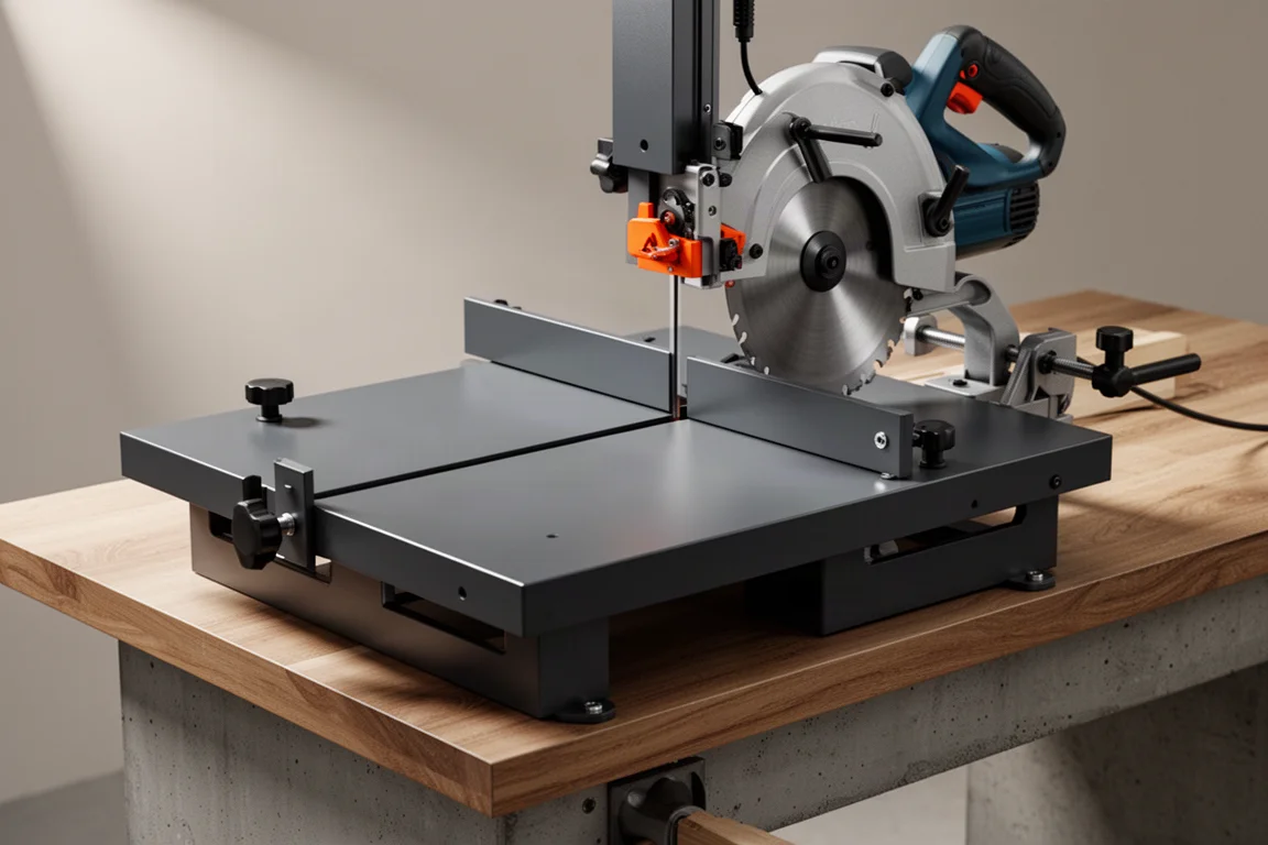 Hercules Universal Band Saw Adapter table on a workbench with a portable band saw mounted horizontally