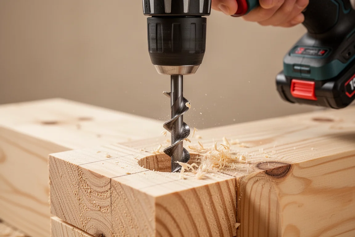 Taladro percutor inalámbrico perforando un agujero grande en madera de pino gruesa con virutas de madera