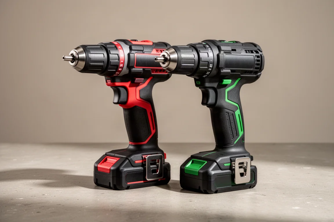 Two cordless hammer drills side by side on a concrete workshop surface