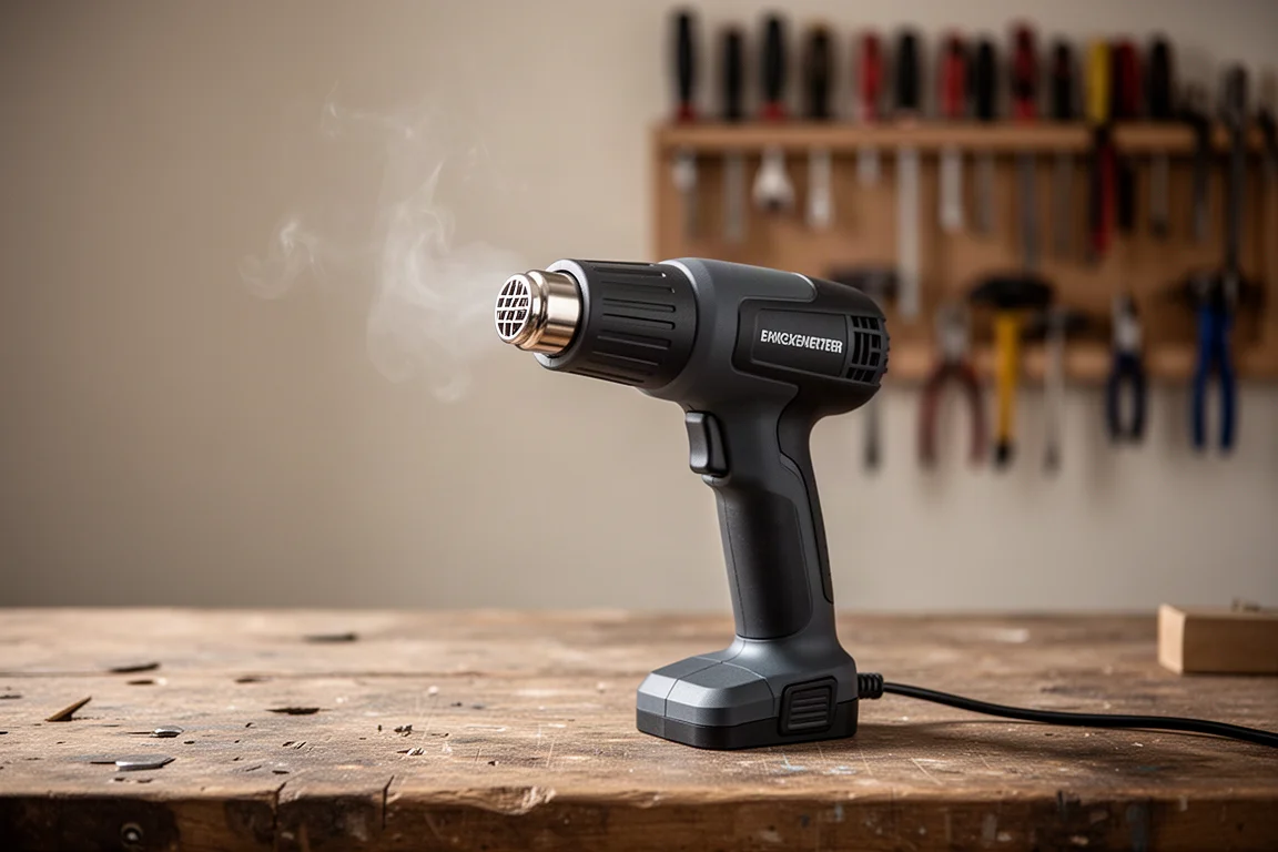 Accu-heatgun op een werkbank die hete lucht produceert