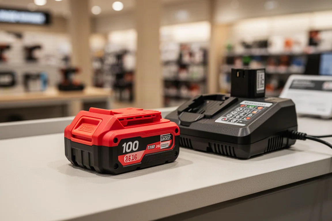 Accupack wordt gewisseld bij een balie in een gereedschapswinkel