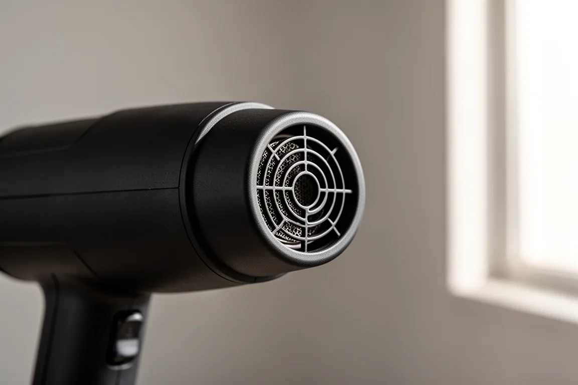 Close-up van de mondstuk van een heatgun met hitteflittering
