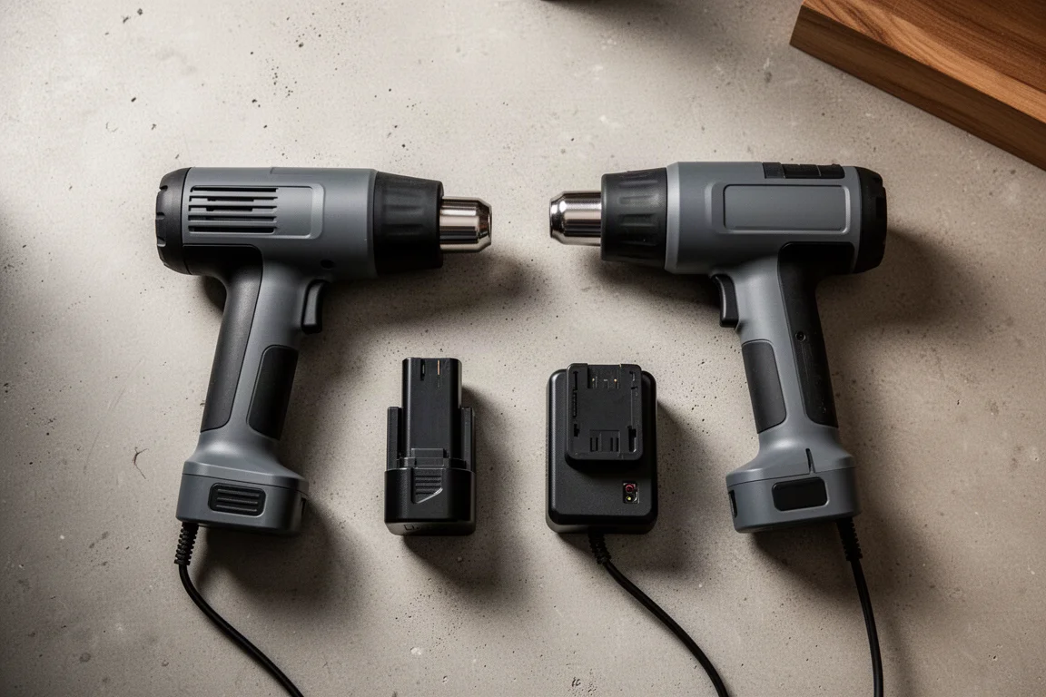 Werkbank met accu-heatguns en accupacks naast elkaar