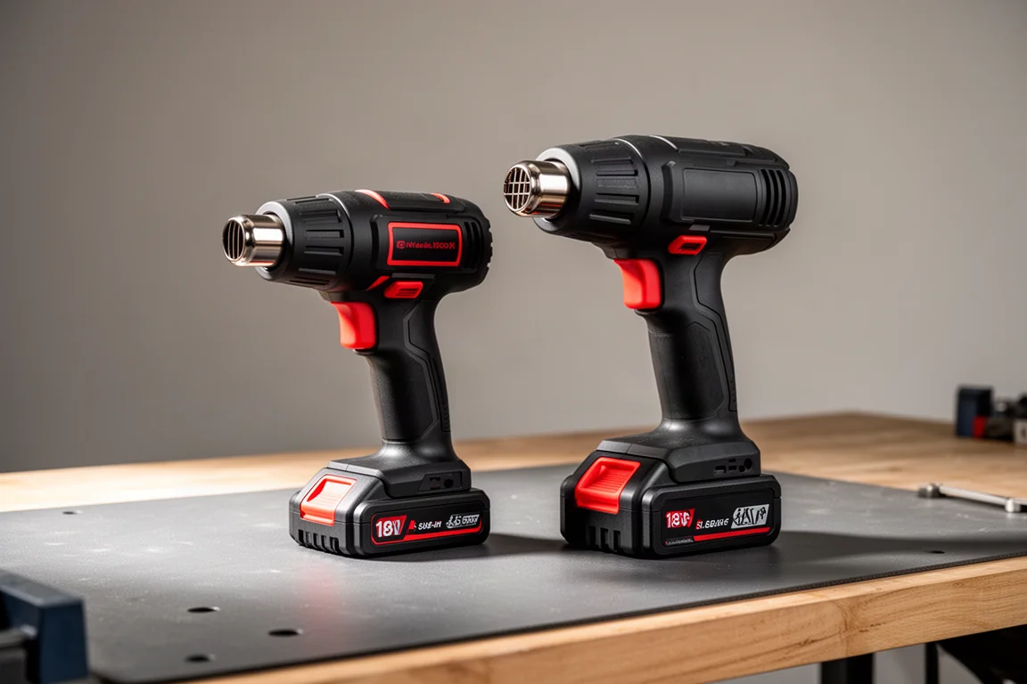 Two cordless heat guns side by side on a matte workshop bench