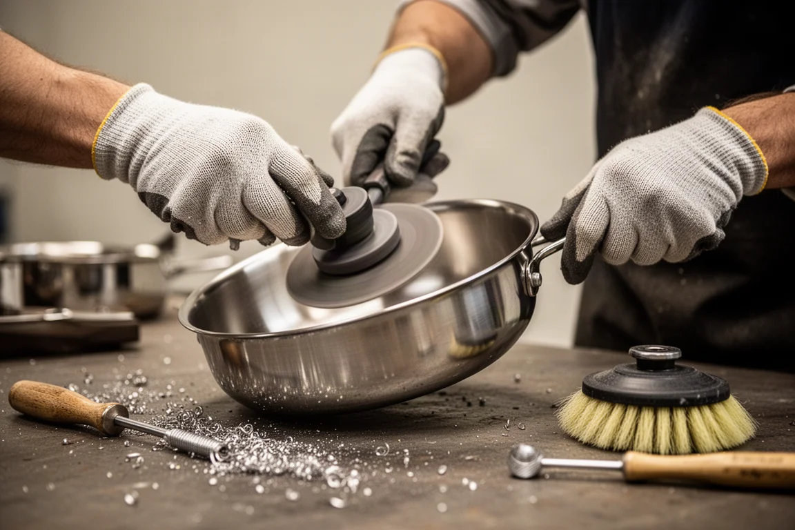 Edelstahlpfanne wird in einer Werkstatt von Hand poliert und finished