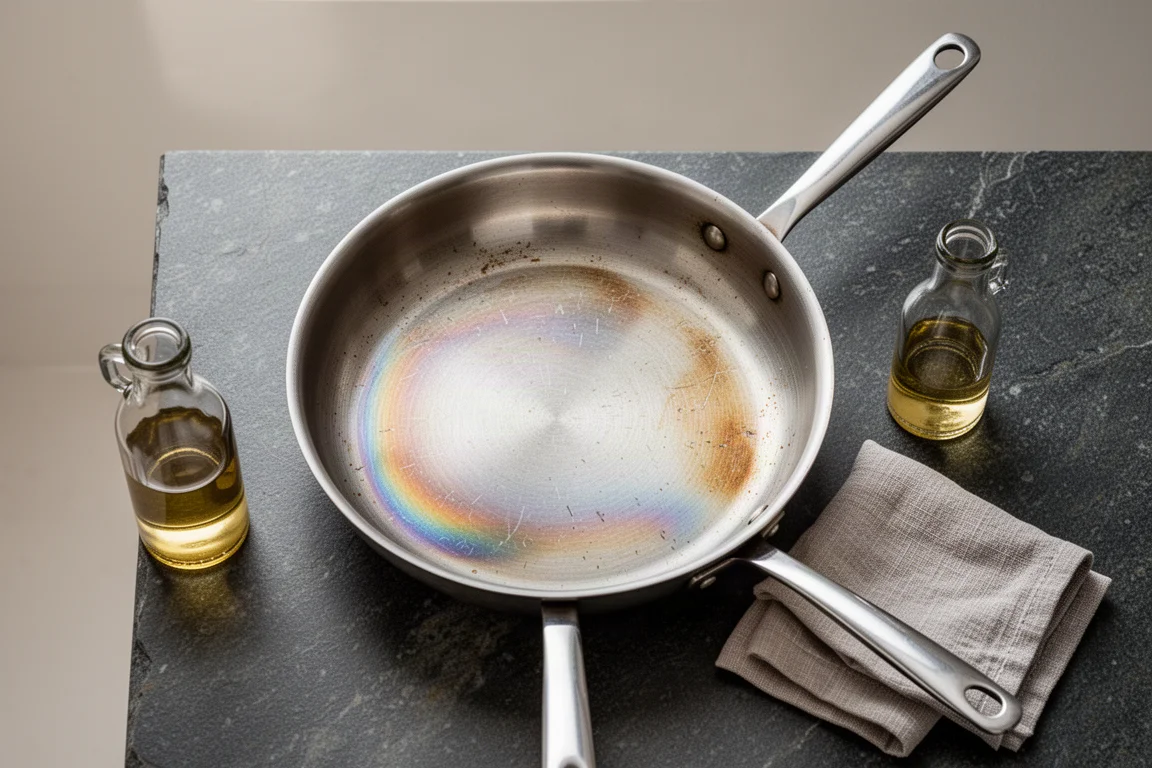 Draufsicht auf eine Edelstahlpfanne mit sichtbaren Regenbogenflecken durch Hitzetönung