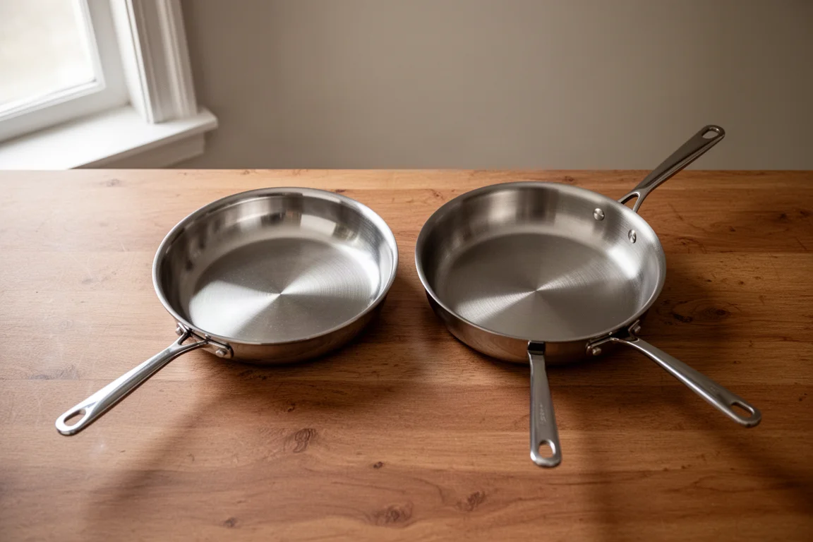 Two stainless steel frying pans side by side on a kitchen counter showing different handle shapes