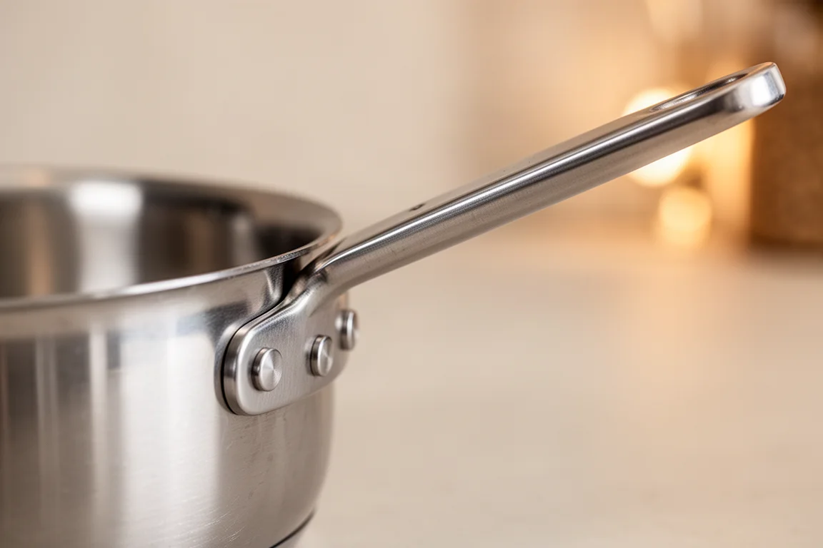 Close-up of a flat stainless steel pan handle gripped during a pan tilt