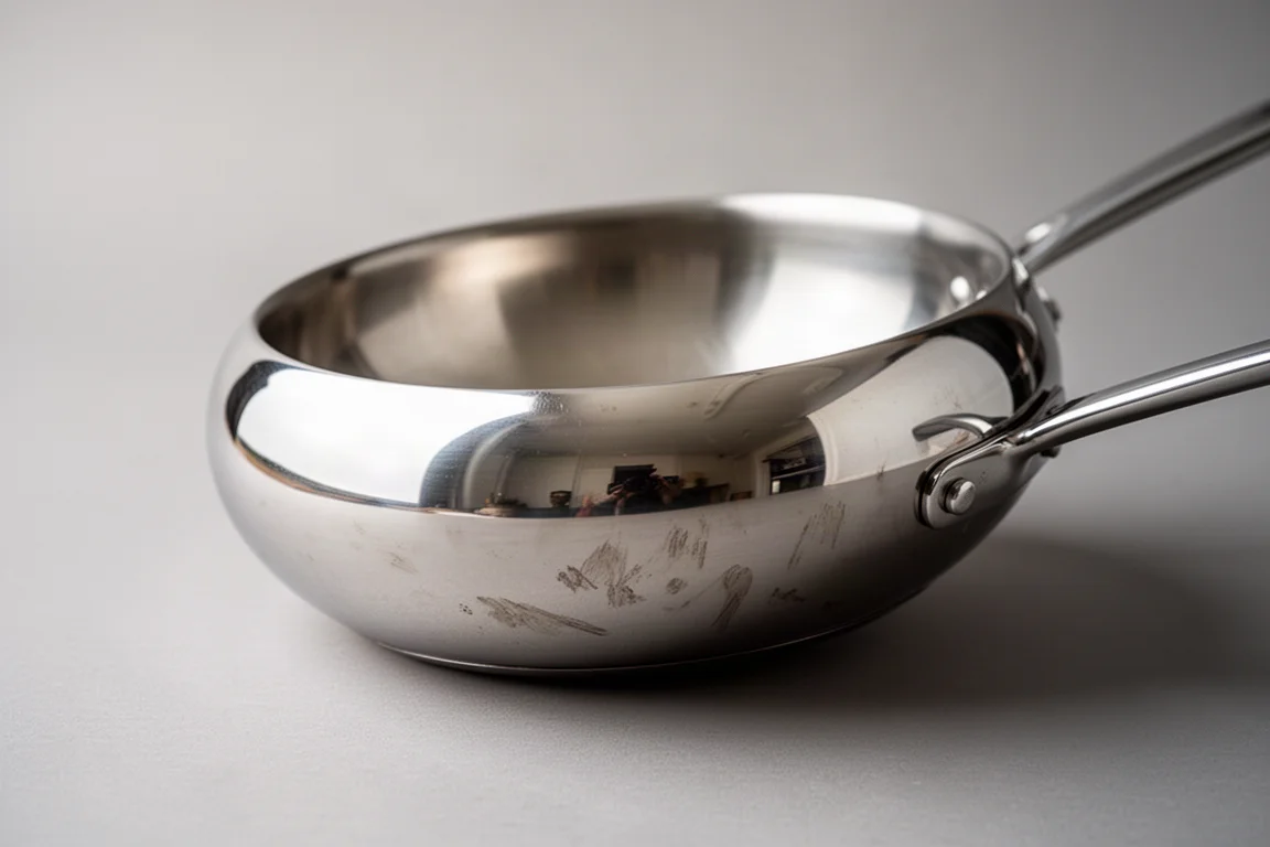Polished stainless pan exterior showing light reflections and fingerprints