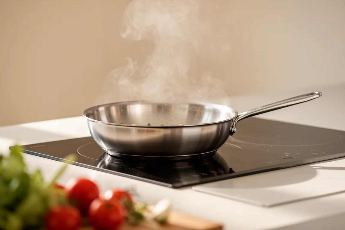 Kitchen scene with a frying pan on an induction cooktop during cooking