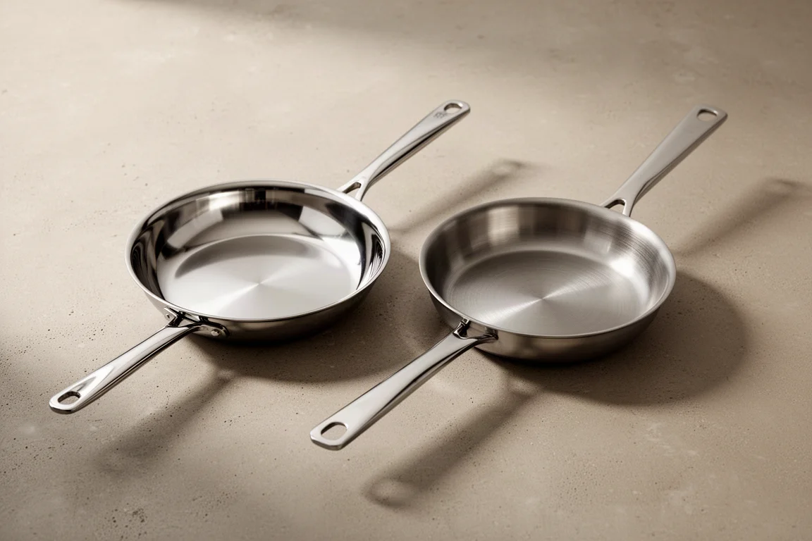 Two stainless steel frying pans with different finishes and handles on a concrete surface