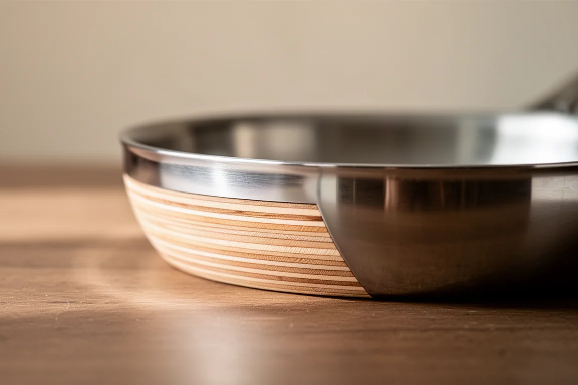 Stainless steel pans stacked on a kitchen counter showing layered rim construction