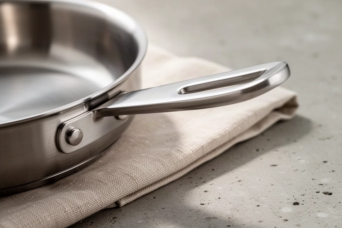 Close-up of a modern brushed steel pan handle with a comfortable grip