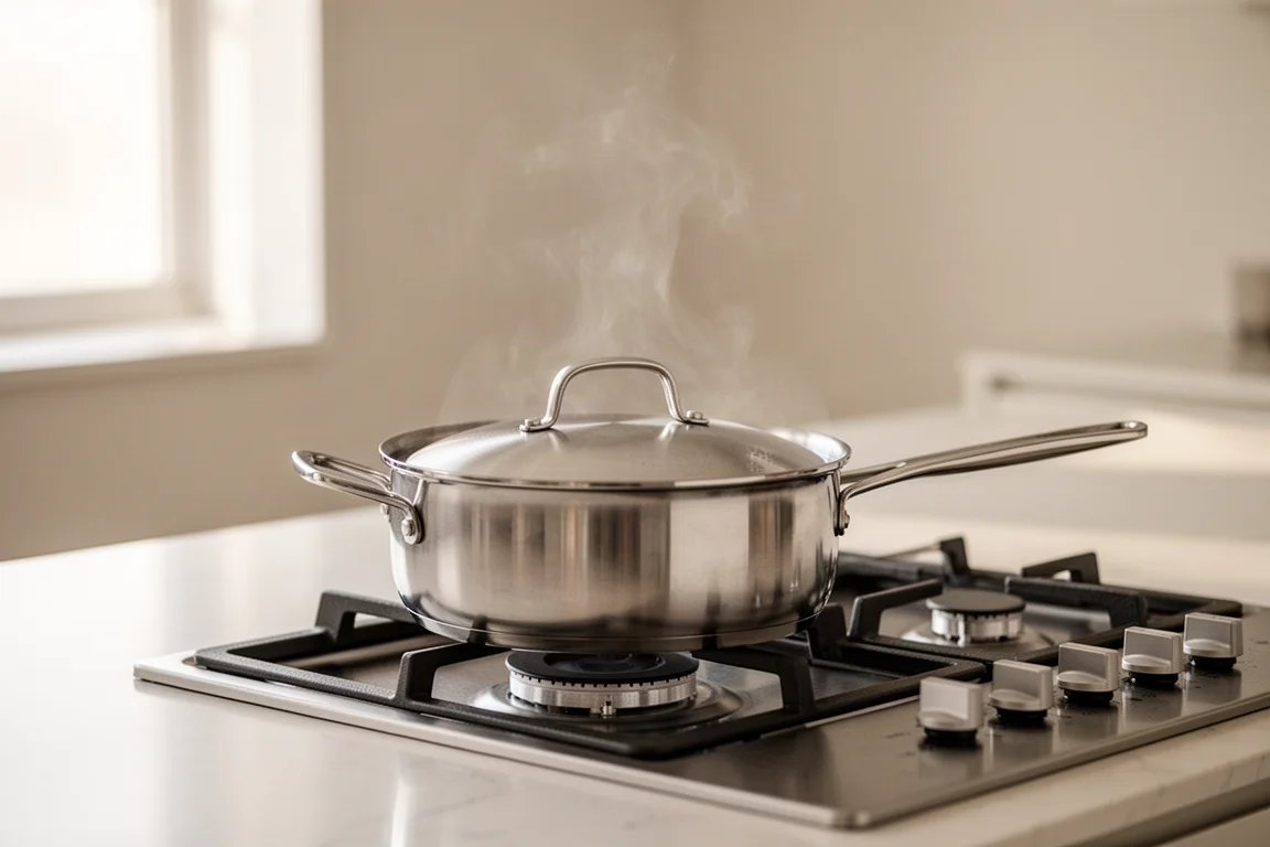 Pans heating on a stovetop in a bright modern kitchen